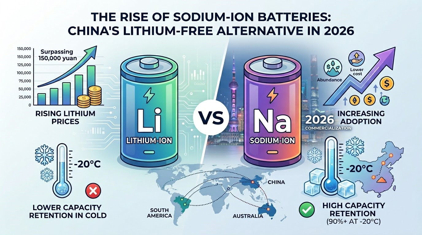 Infographic comparing lithium-ion and sodium-ion batteries, highlighting China's shift to sodium-ion technology in 2026 due to lower costs and better cold-weather performance.